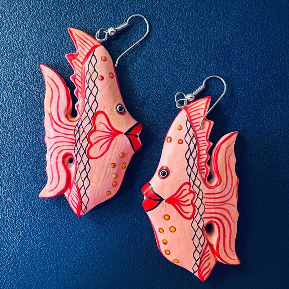 Don't Swim With the Fishes, Wear Them! Big Pink Fish Wood Earrings. - Picture 3 of 5